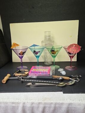 Fun Express Plastic Martini Glasses 6, Shaker, Utensils, Napkins, Coasters
